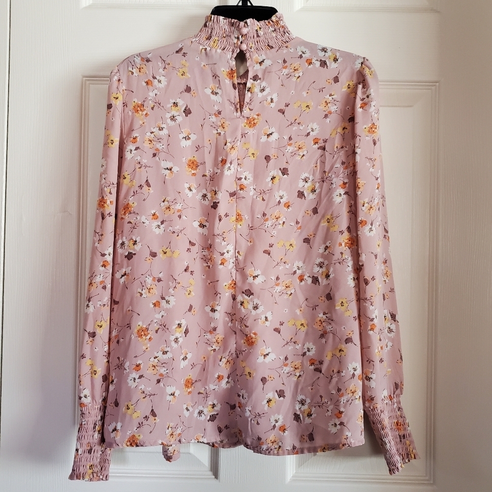 Cure Floral Smoked Blouse Baloon Sleeves High-neck Loose Fit Keyhole Size Small - Picture 4 of 10